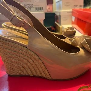 Blush and jute sling back peep toe wedge